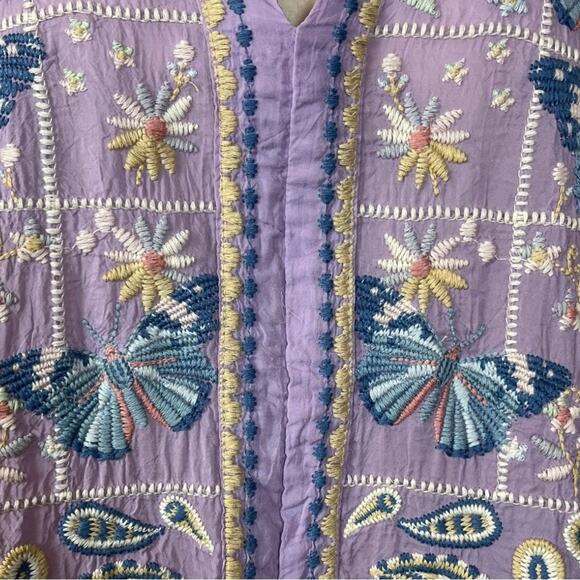 Johnny Was Top Tie Neck Butterly Floral Embroidered Purple Women’s Size Large - Picture 11 of 13